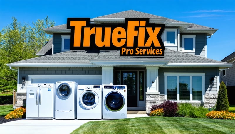 Logo of Truefix Pro Services featuring a house with appliances and orange lettering.