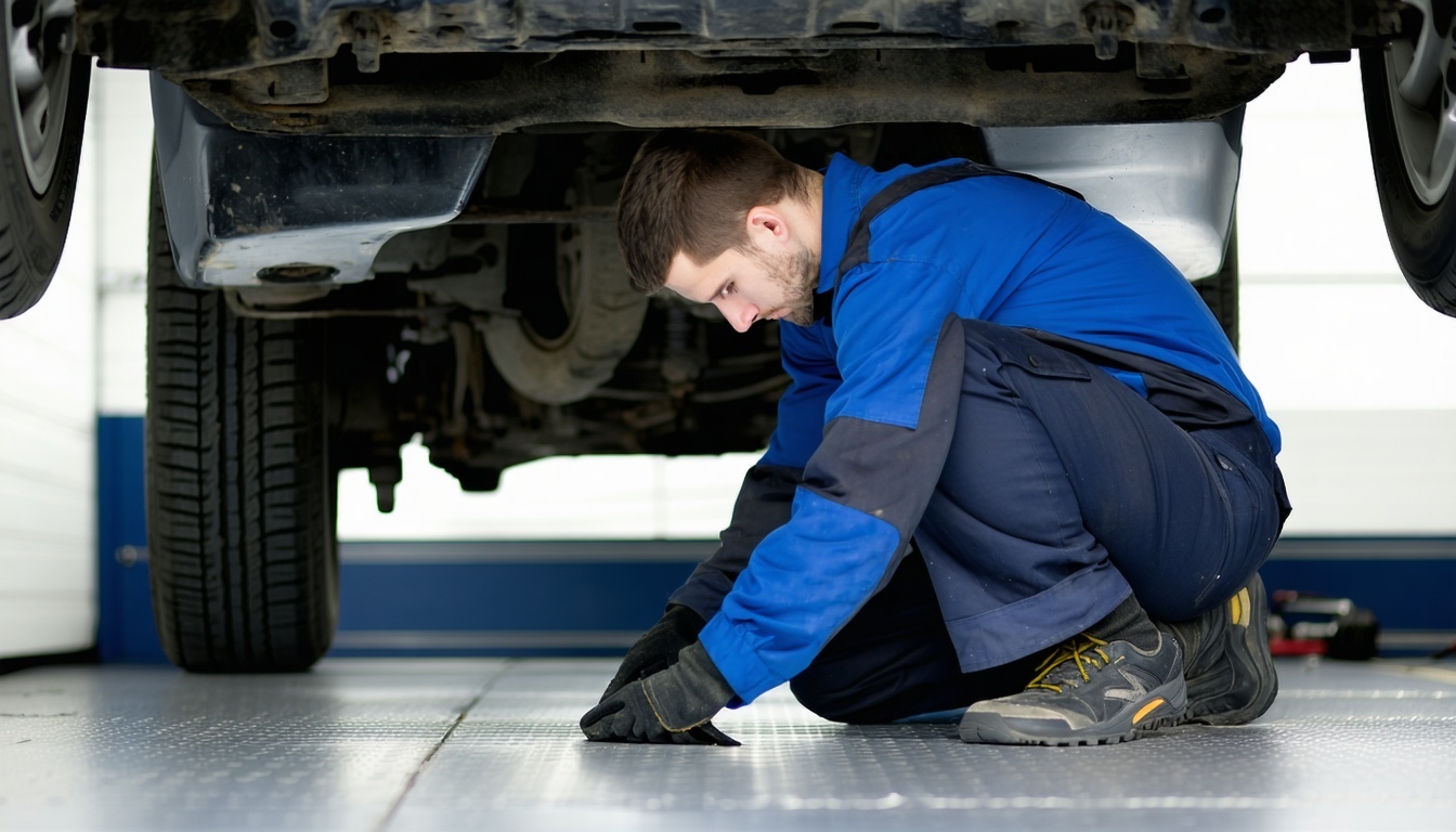 Mechanic working under a car in a garage