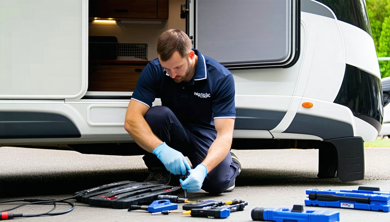 RV technician performing maintenance on a motorhome